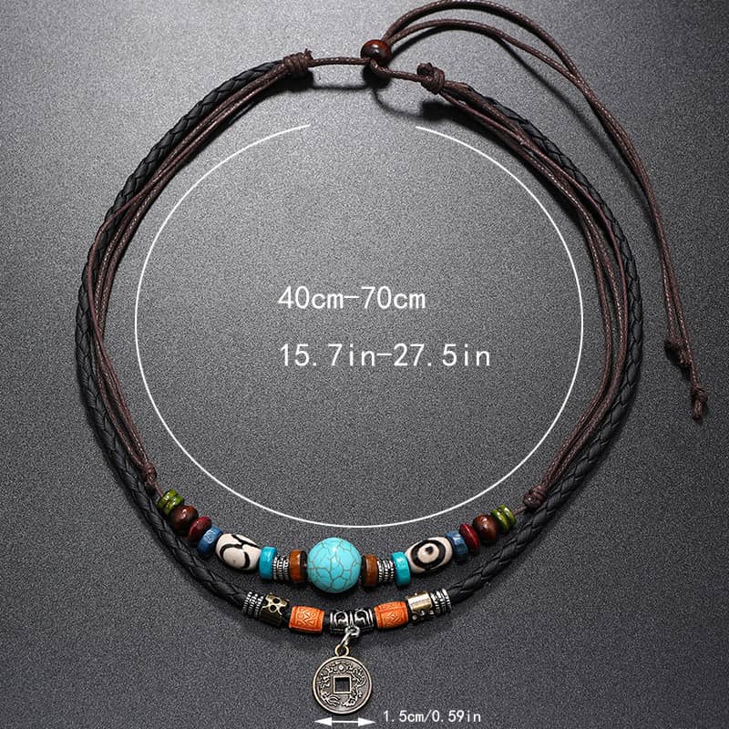 Turquoise Beaded Braided Leather Necklace