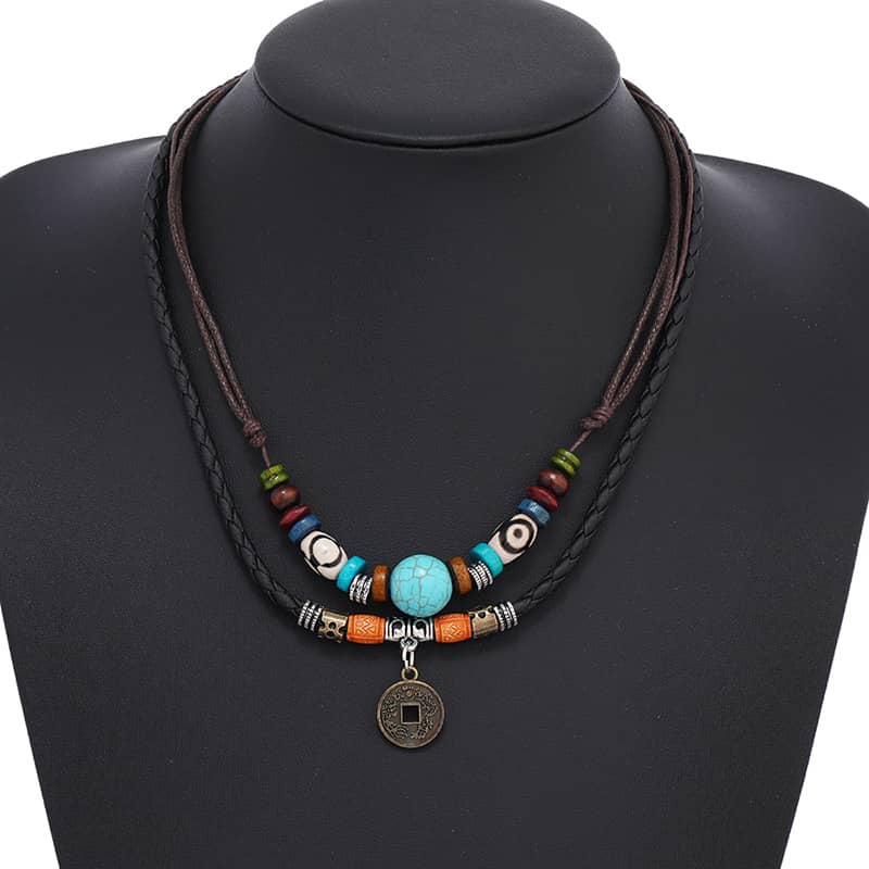 Turquoise Beaded Braided Leather Necklace