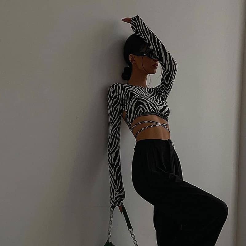 Zebra Print Halter Top Crop Tie Long Sleeve T-Shirt