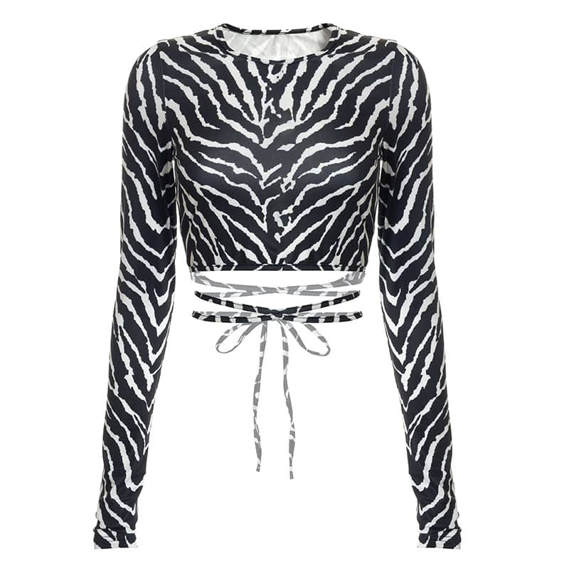 Zebra Print Halter Top Crop Tie Long Sleeve T-Shirt