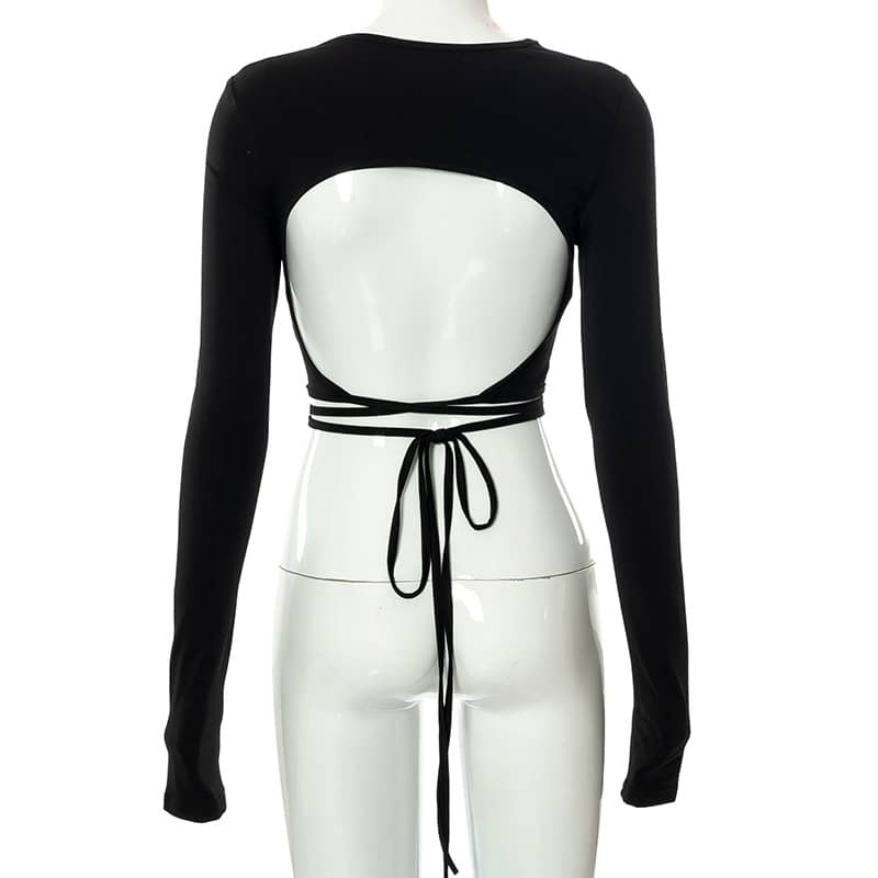 Solid Color Halter Top Crop Tie Long Sleeve T-Shirt