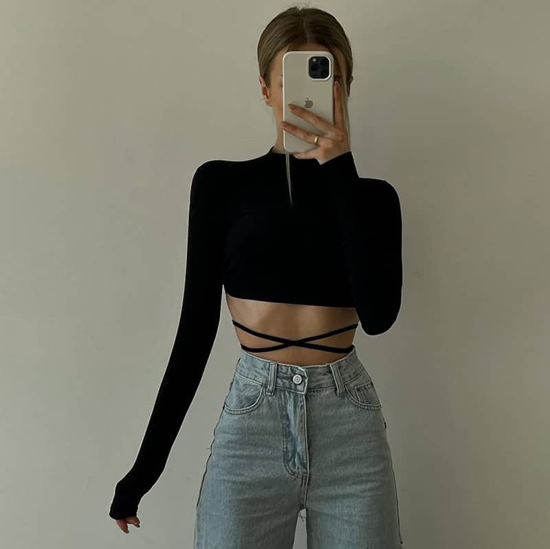 Solid Color Halter Top Crop Tie Long Sleeve T-Shirt