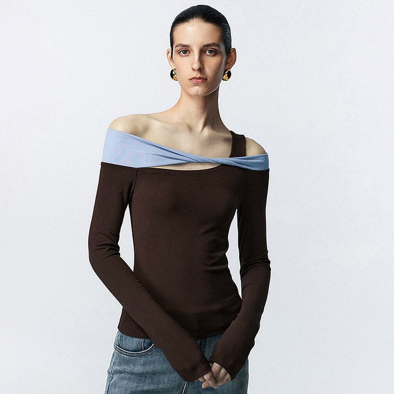 Contrast color one shoulder long sleeve T-shirt