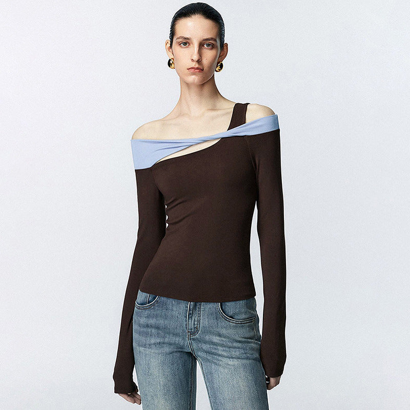 Contrast color one shoulder long sleeve T-shirt