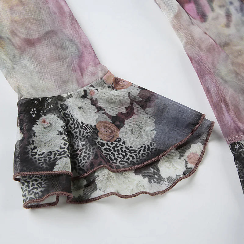 Printed Mesh T-shirt Bell Sleeve Top