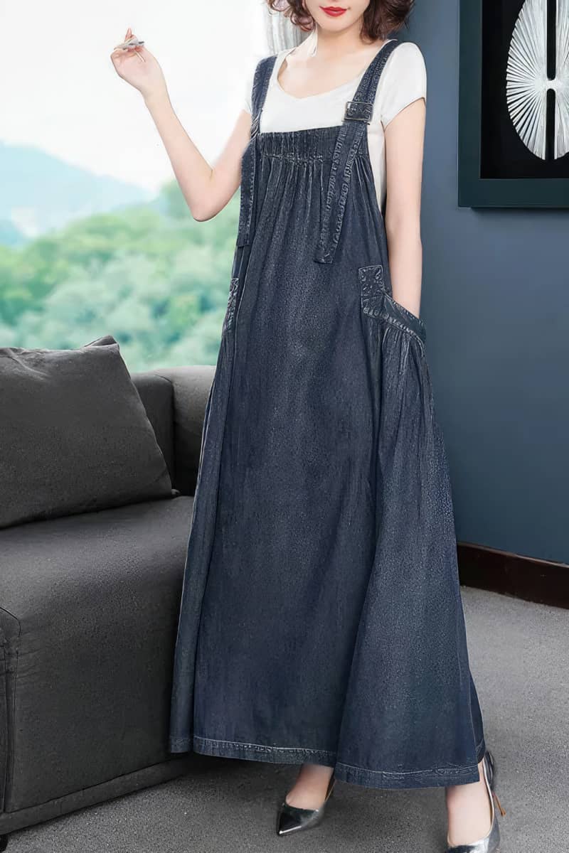 Loose and Casual Denim Overall Dress with Wide Swing