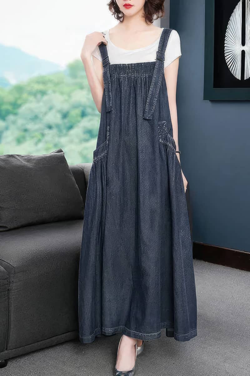 Loose and Casual Denim Overall Dress with Wide Swing