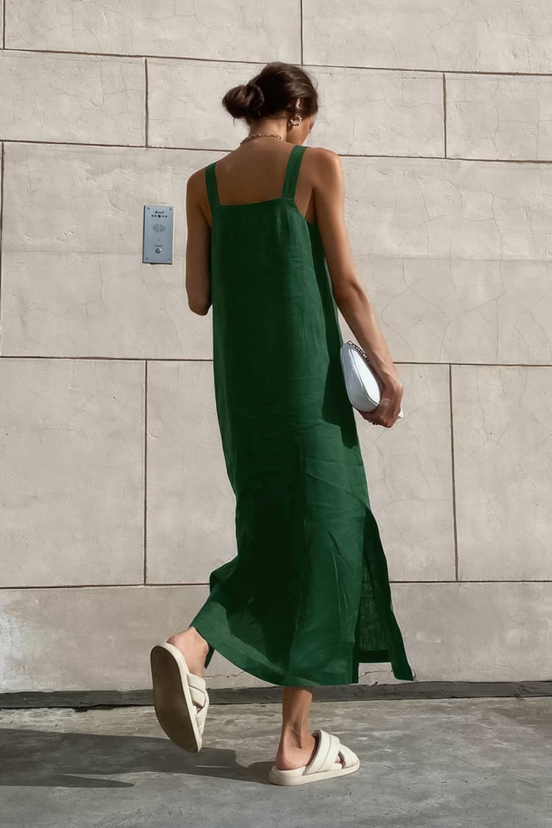 Green Cotton and Linen Split Straight Tube Suspender Dress