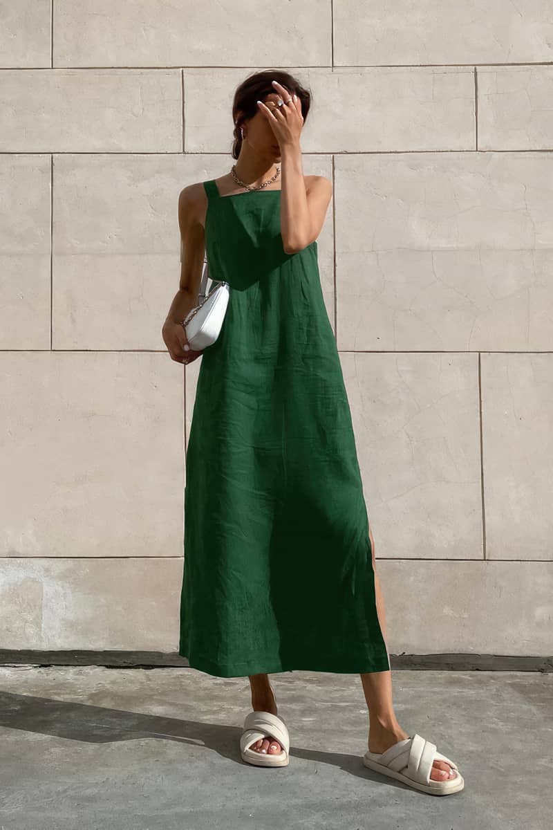 Green Cotton and Linen Split Straight Tube Suspender Dress