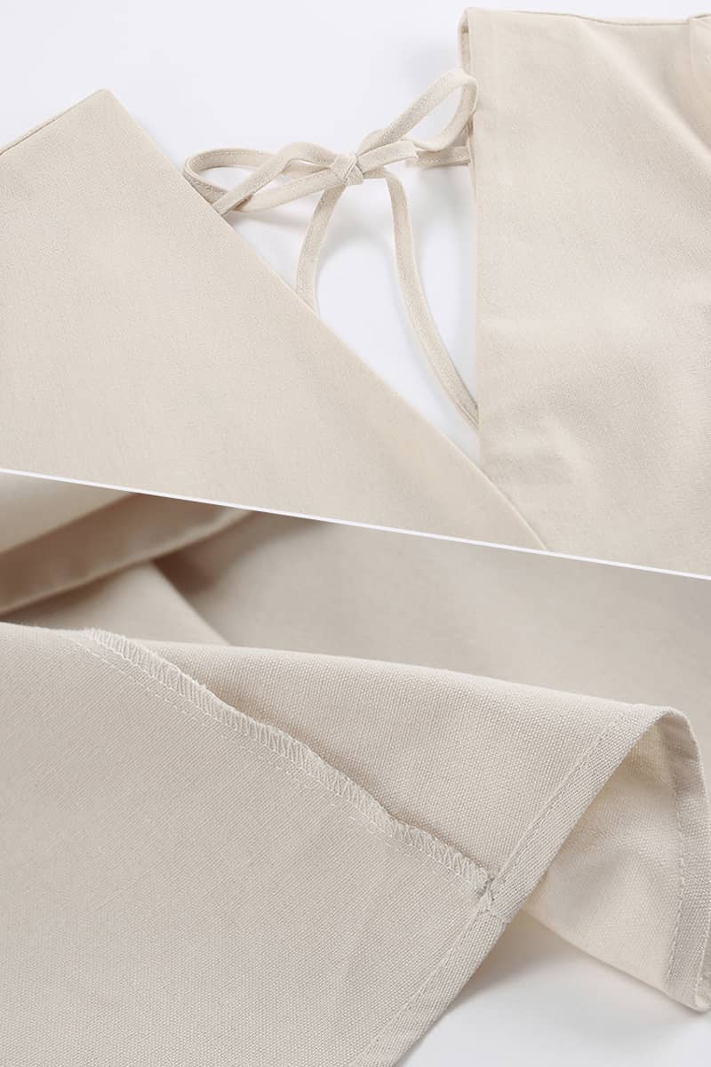 Beige Cotton Linen Puff Sleeve V-Neck Cardigan Dress