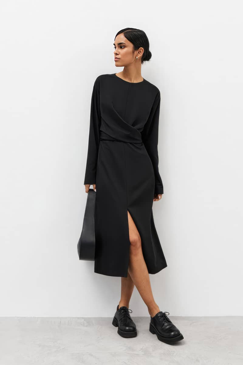 Cross waist slit black dress