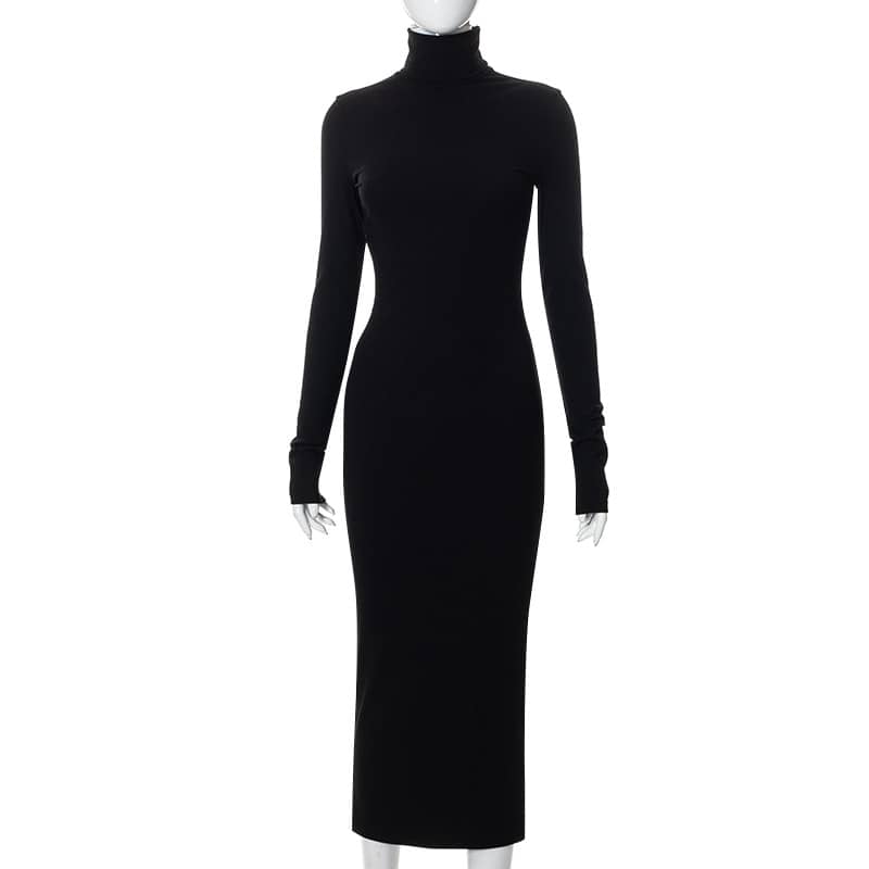 Black half turtleneck long sleeve slim fit sweater dress