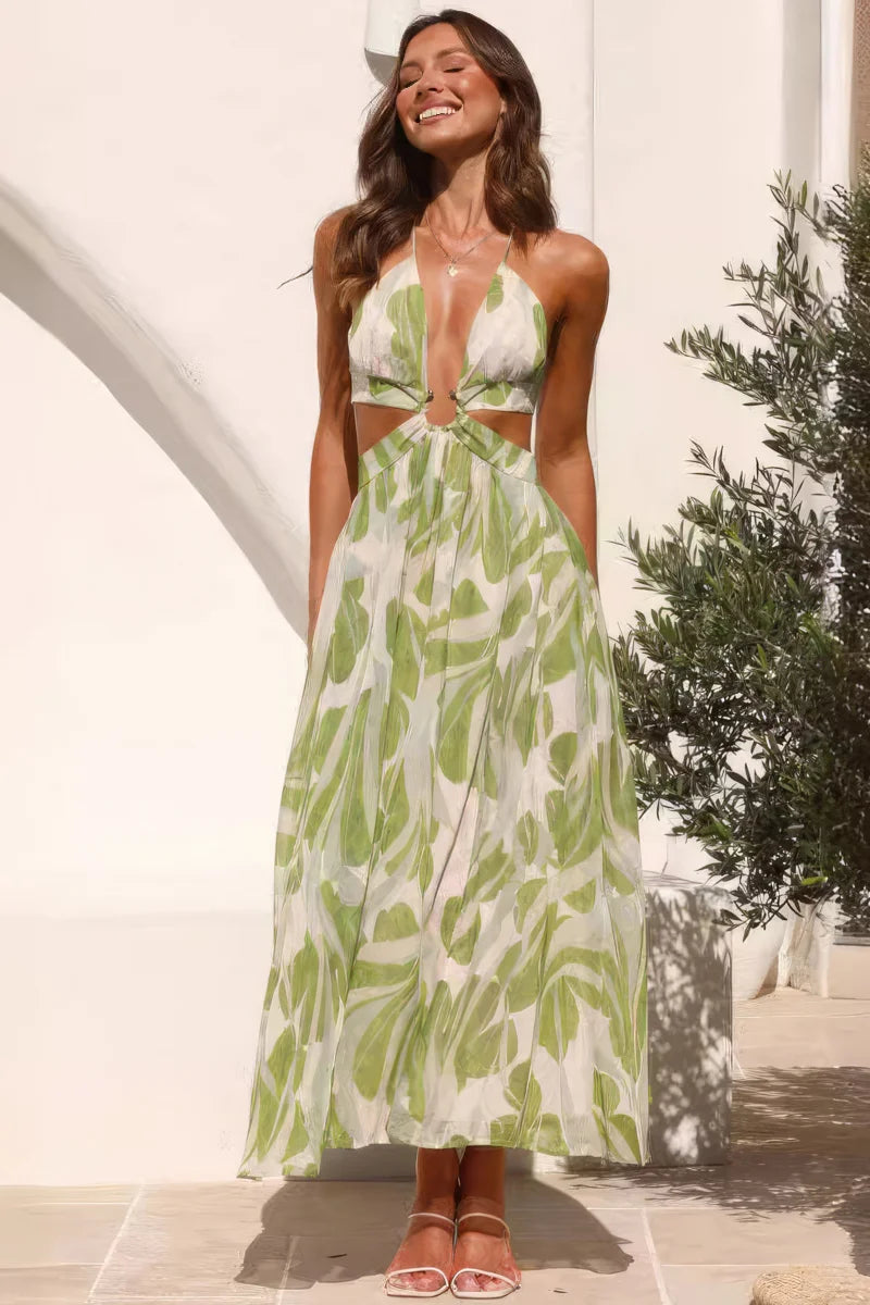 V-neck backless lace-up print dress