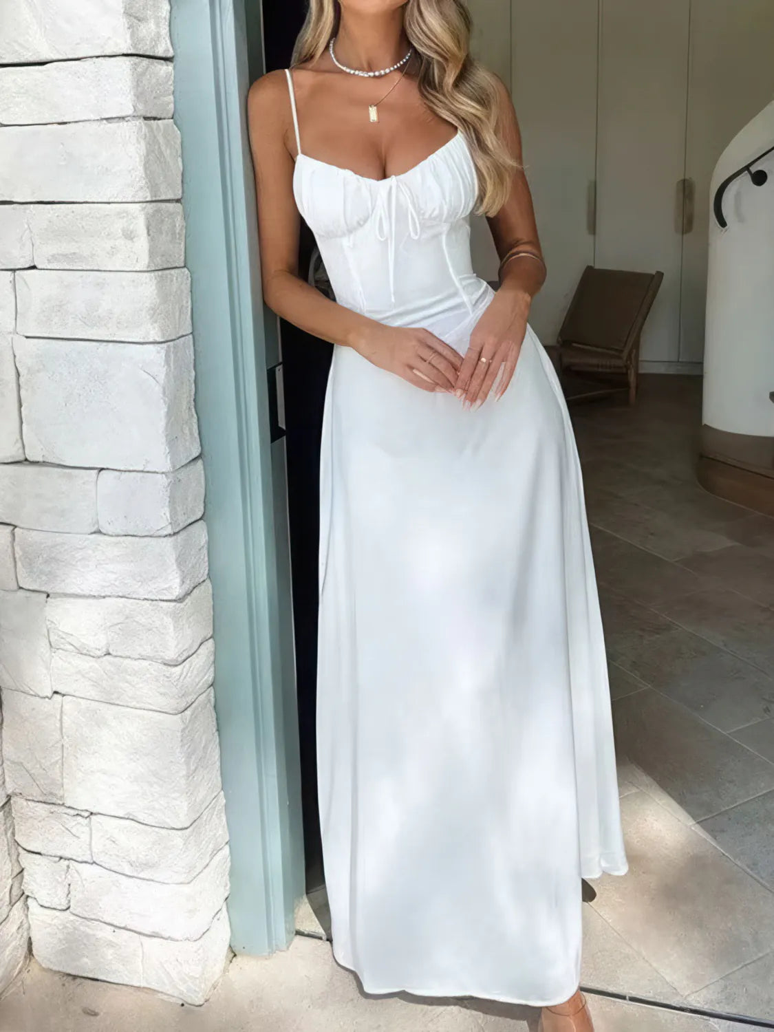Solid Color A-Line Maxi Dress with Tie