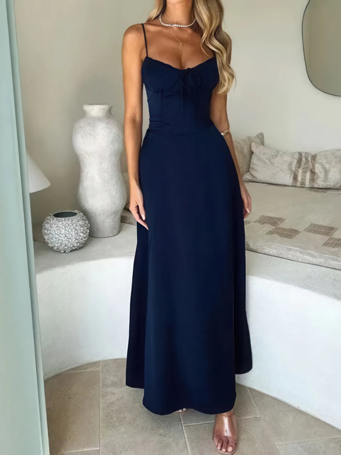 Solid Color A-Line Maxi Dress with Tie