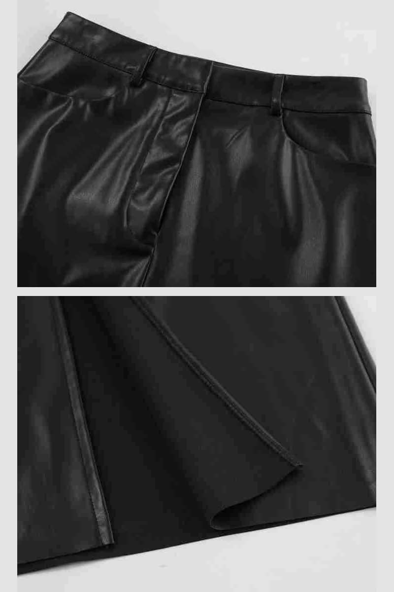 Slit black high waist straight PU skirt