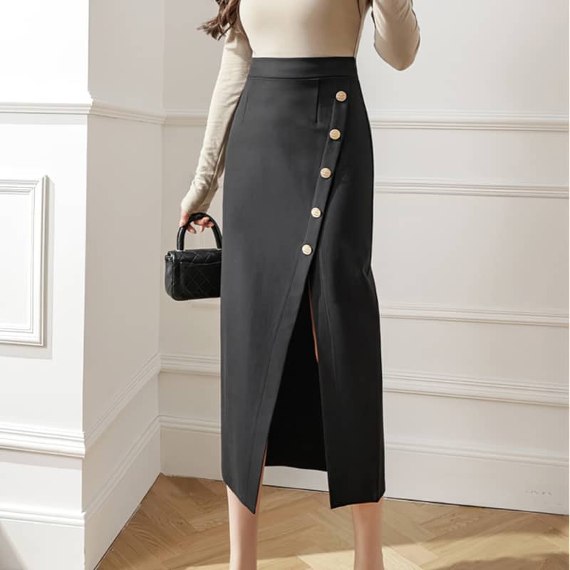 Slim high waist slit midi skirt