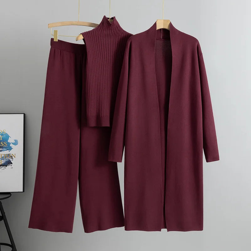 Knitted sleeveless vest sweater cardigan pants three-piece set