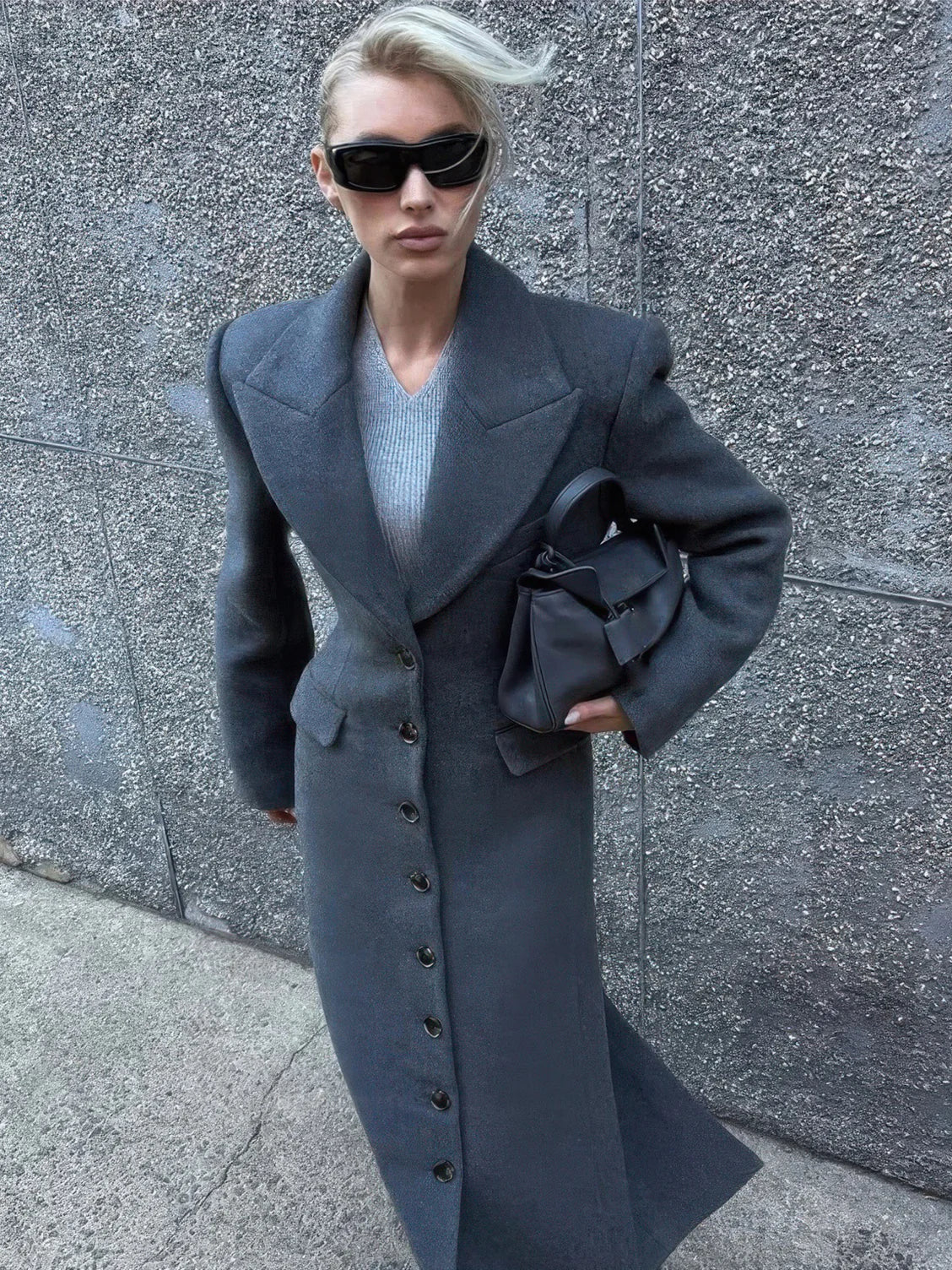 Women's Lapel High-Waisted Long Wool Coat