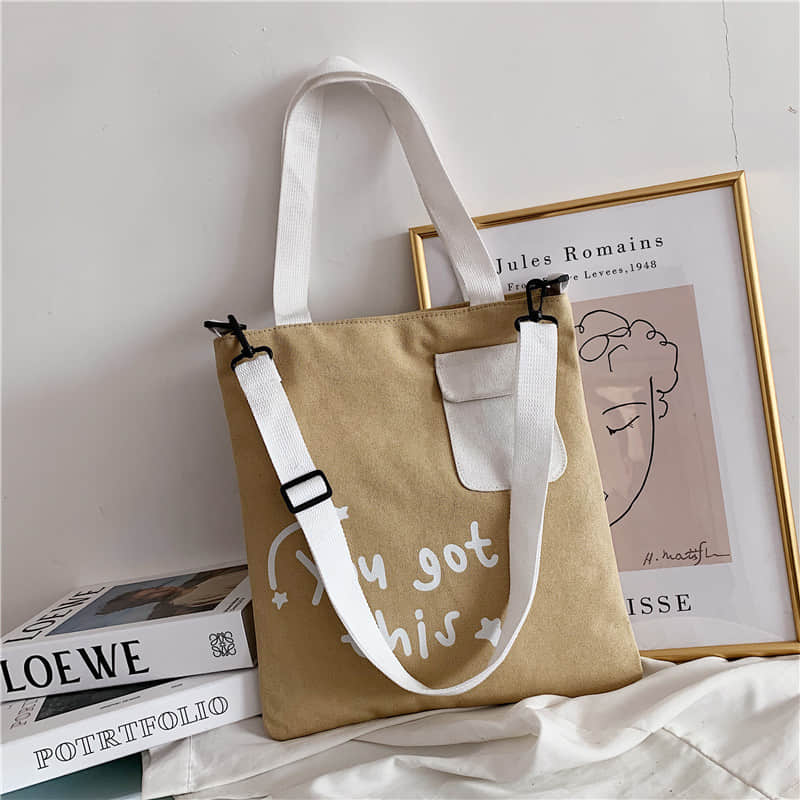 Large-capacity canvas stitching tote bag shoulder bag khaki | IFAUN