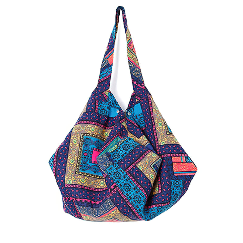 Casual cotton large-capacity patchwork printed shoulder bag Blue | IFAUN