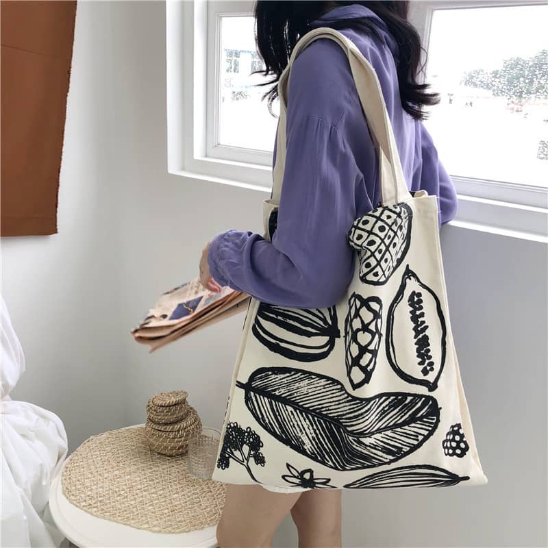 New leaf print thick canvas handbag simple shoulder bag | IFAUN