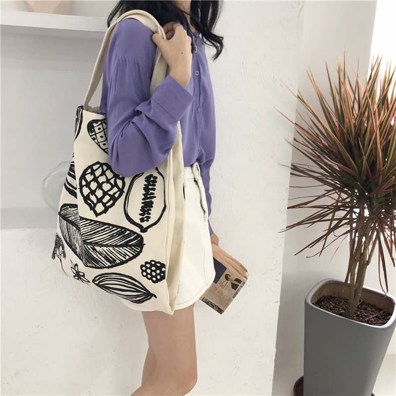 New leaf print thick canvas handbag simple shoulder bag | IFAUN