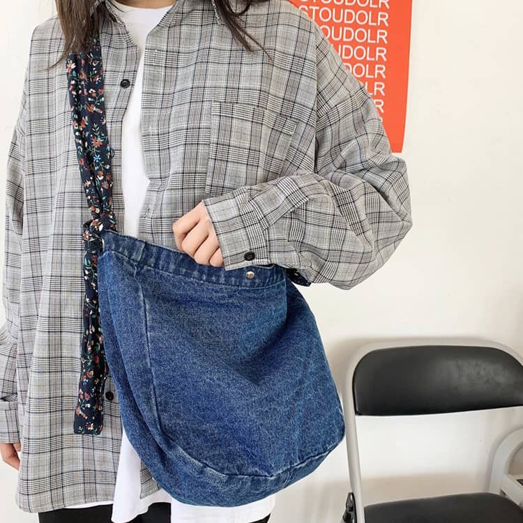 Floral Strap Denim Crossbody Bag