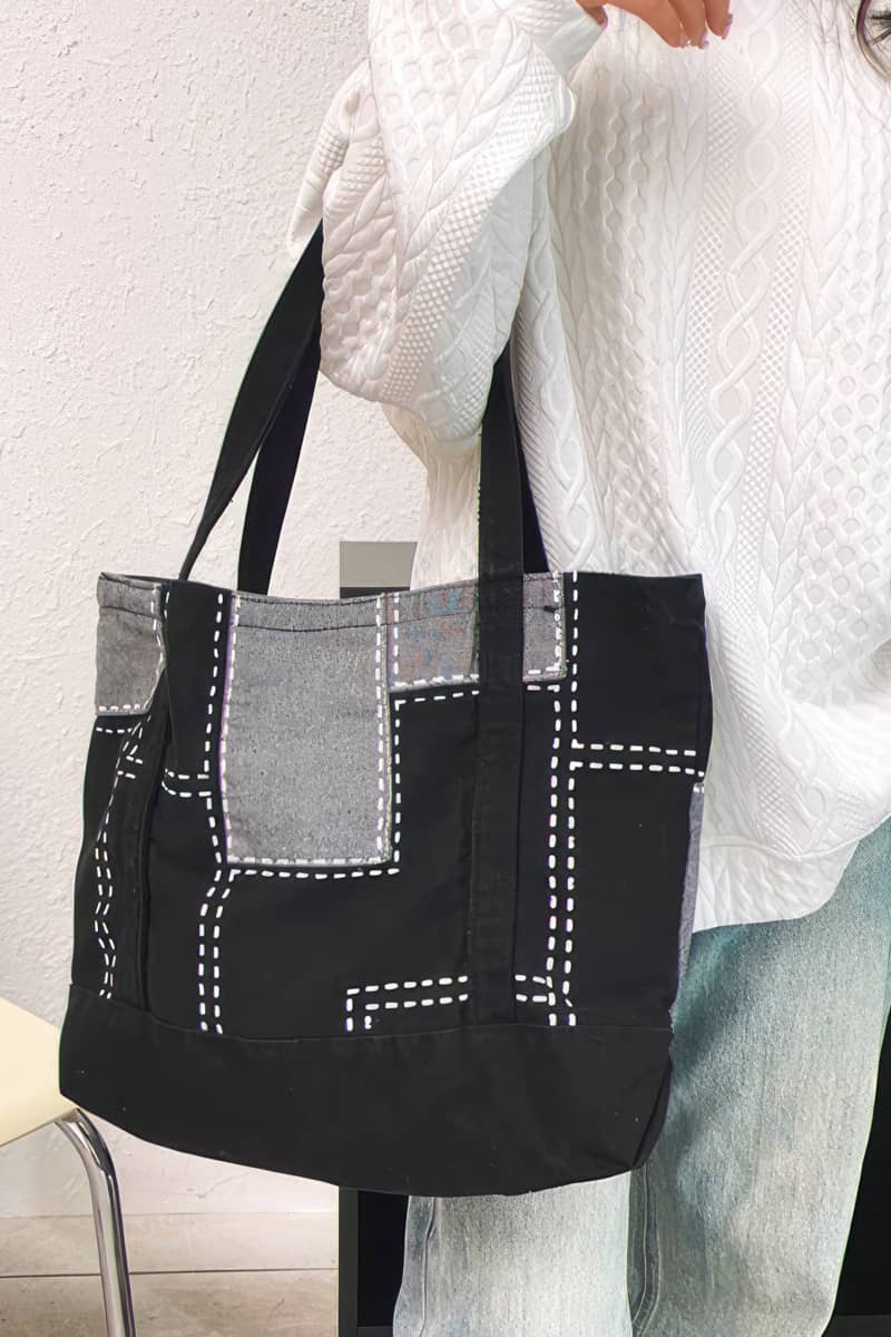 Hand-stitched square wash denim tote bag