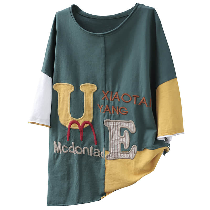 Cotton short-sleeved T-shirt summer plus size stitching top women | IFAUN