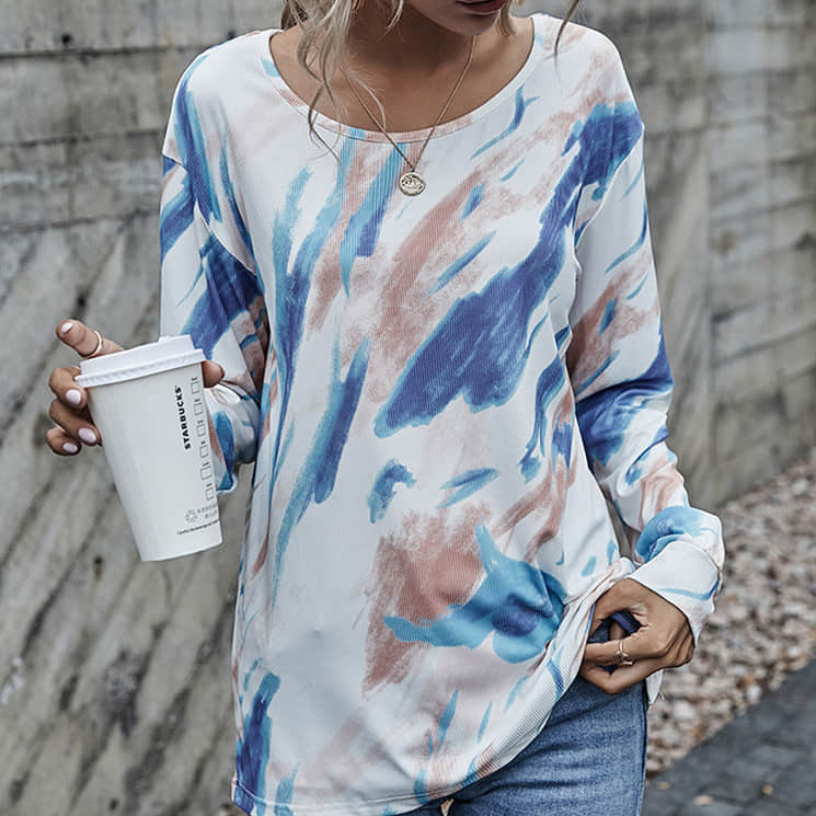 Blue graffiti long-sleeved stitching loose and thin pullover round neck women's T-shirt | IFAUN