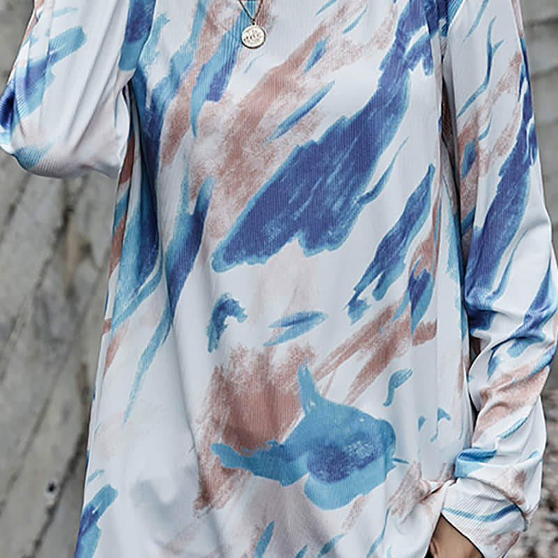 Blue graffiti long-sleeved stitching loose and thin pullover round neck women's T-shirt | IFAUN