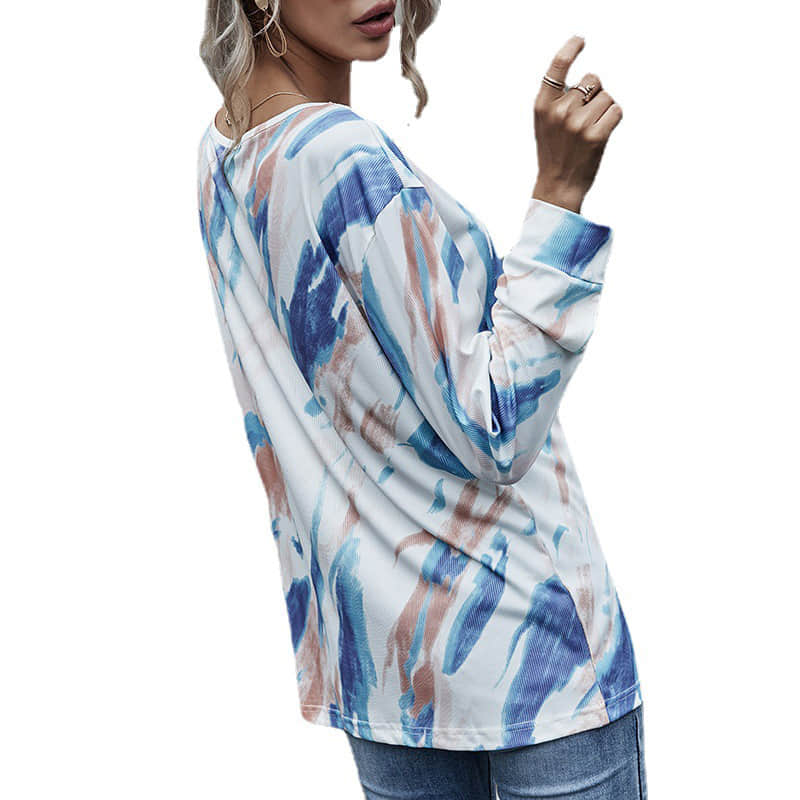 Blue graffiti long-sleeved stitching loose and thin pullover round neck women's T-shirt | IFAUN
