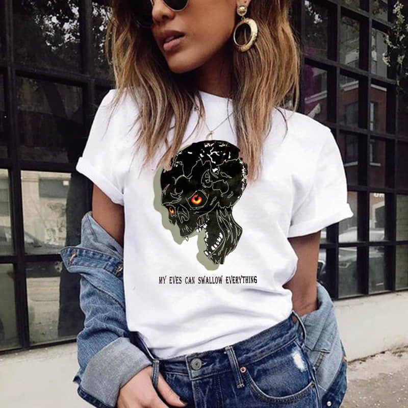 Black hole 3D skull print round neck short sleeve T-shirt women | IFAUN