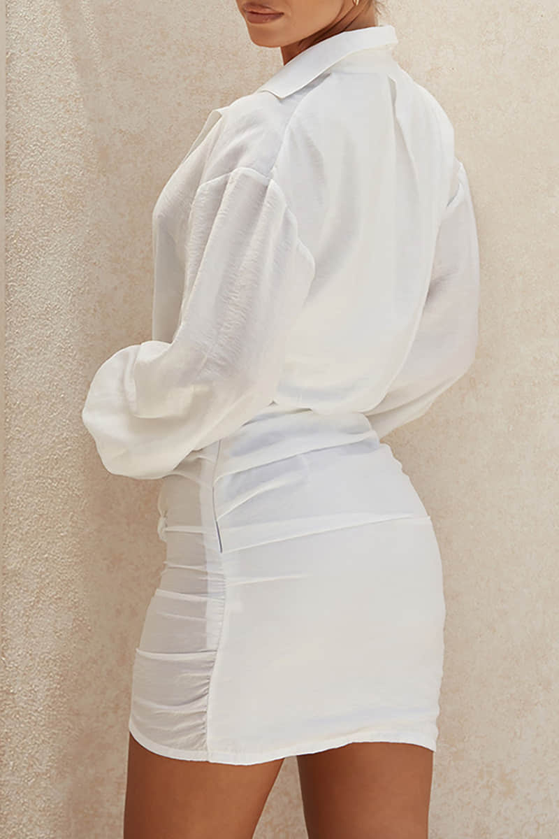 Long sleeve white sexy deep V linen shirt | IFAUN