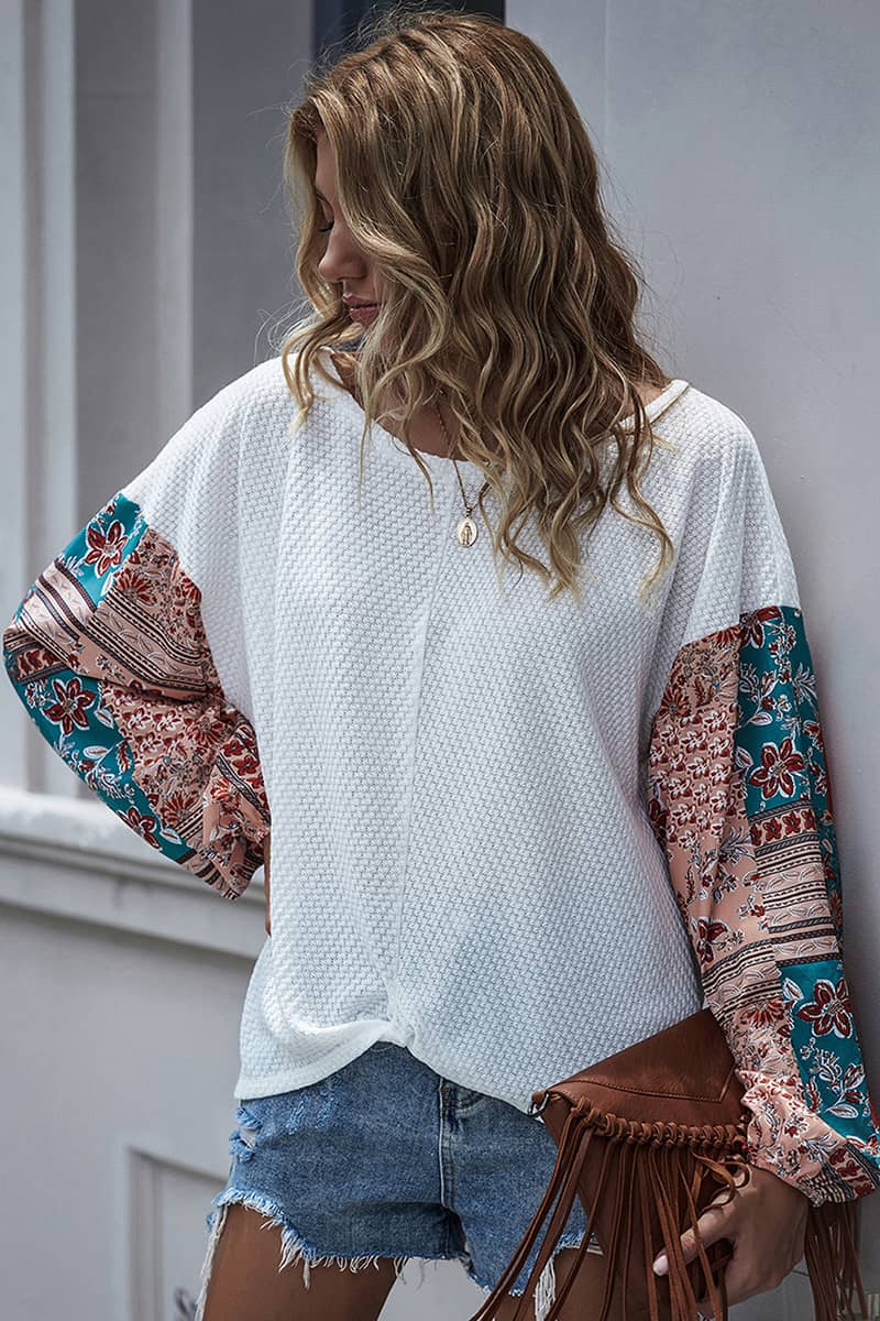 Printed stitching round neck long-sleeved T-shirt | IFAUN