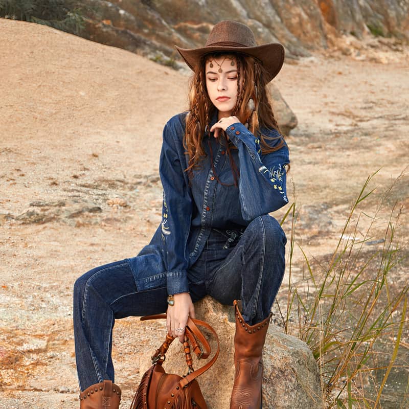 Vintage Denim Embroidered Shirt Oversized Denim Top