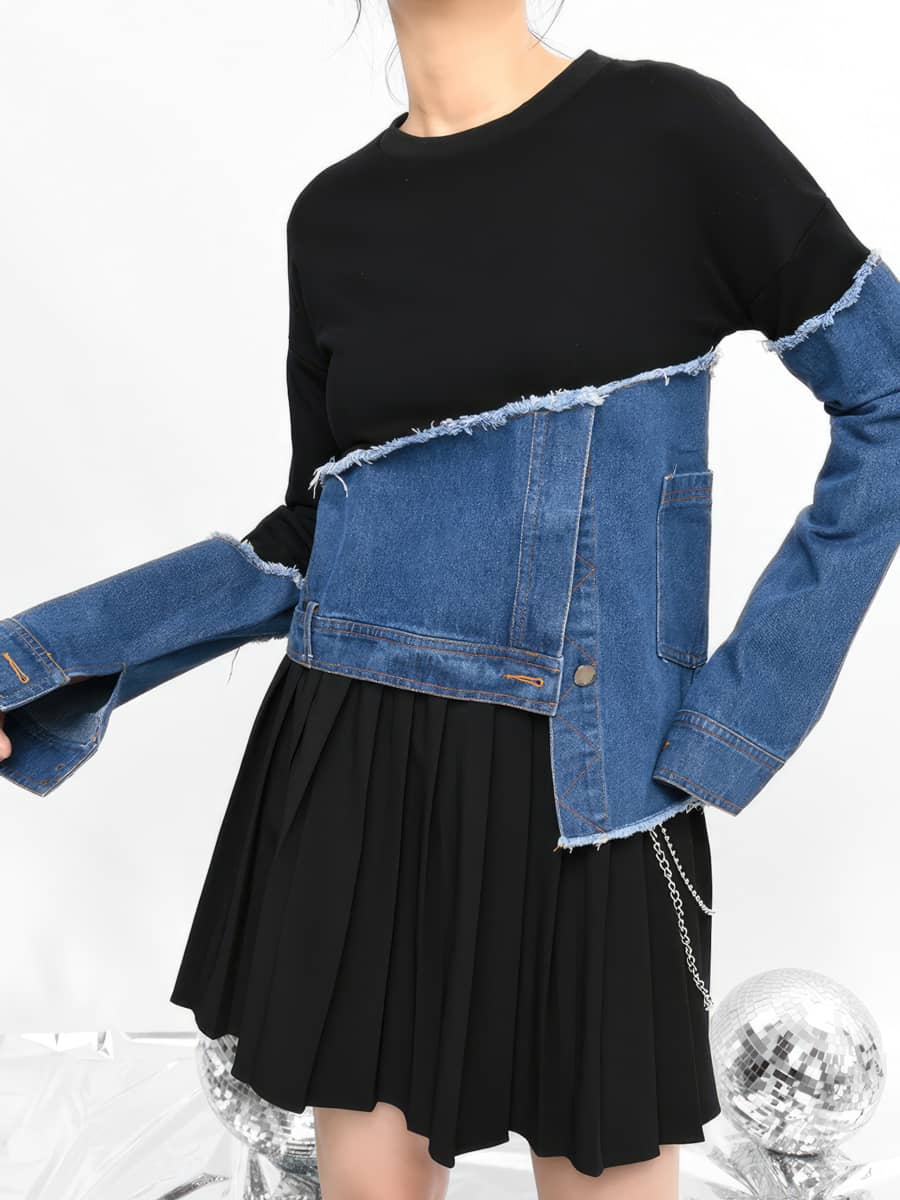 Asymmetric Denim Contrasting Track Top