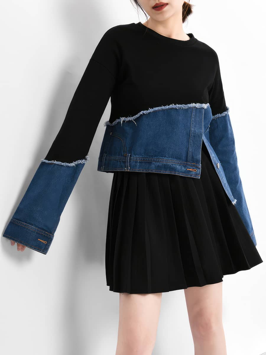 Asymmetric Denim Contrasting Track Top