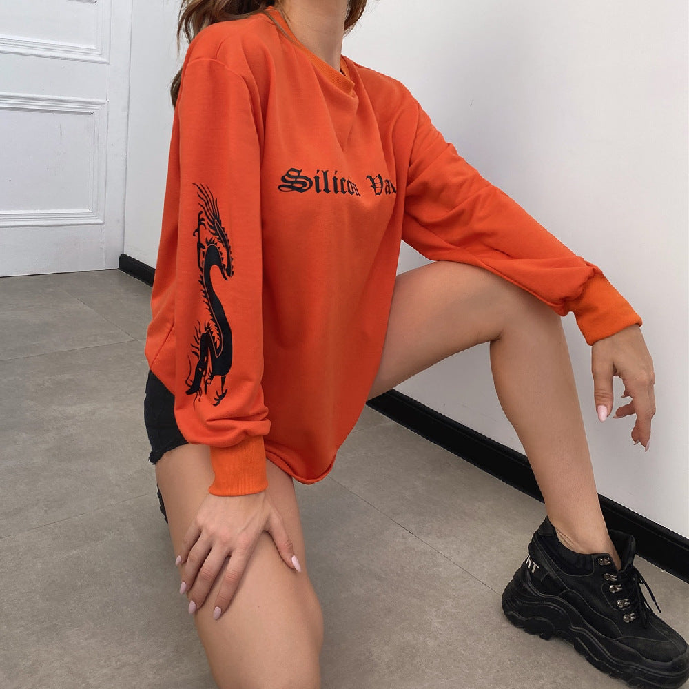 Letter Print Pullover Loose Round Neck Long Sleeve T-Shirt Women | IFAUN