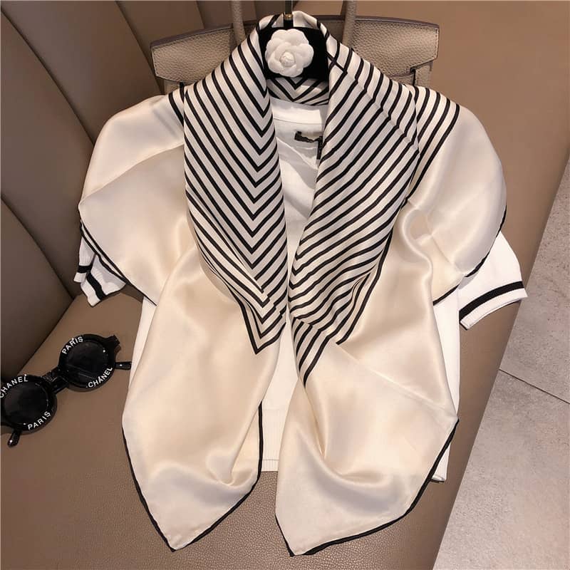 Black and white striped silk Square scarf - 90cm