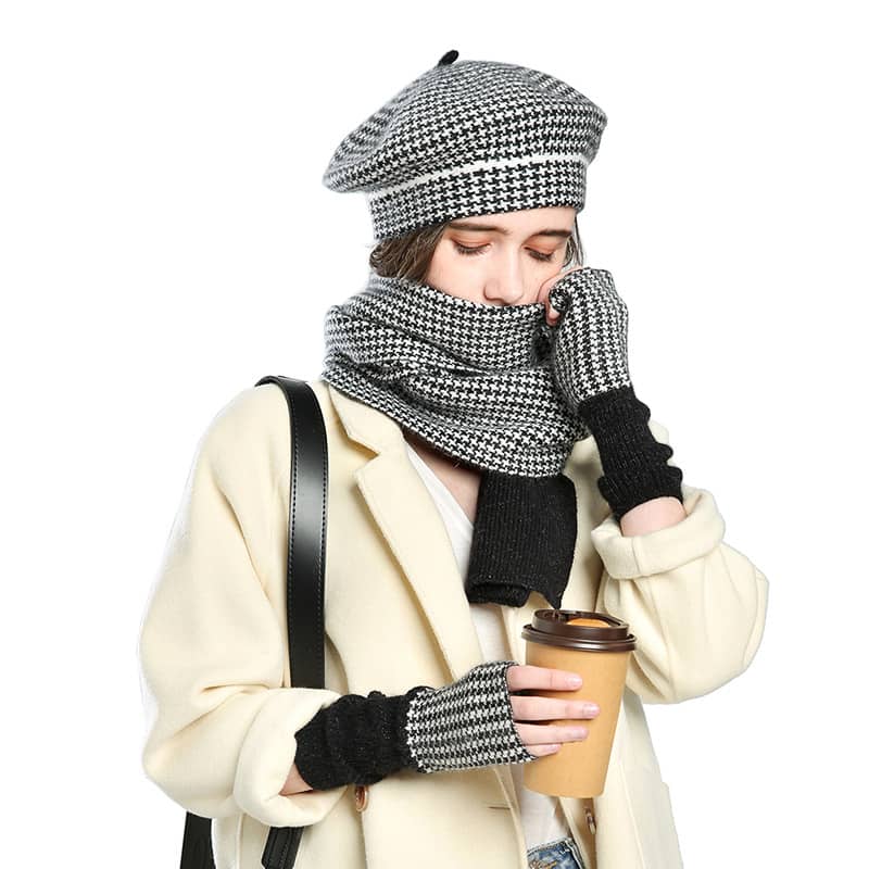 Women's plaid painter hat warm hat scarf gloves three-piece set