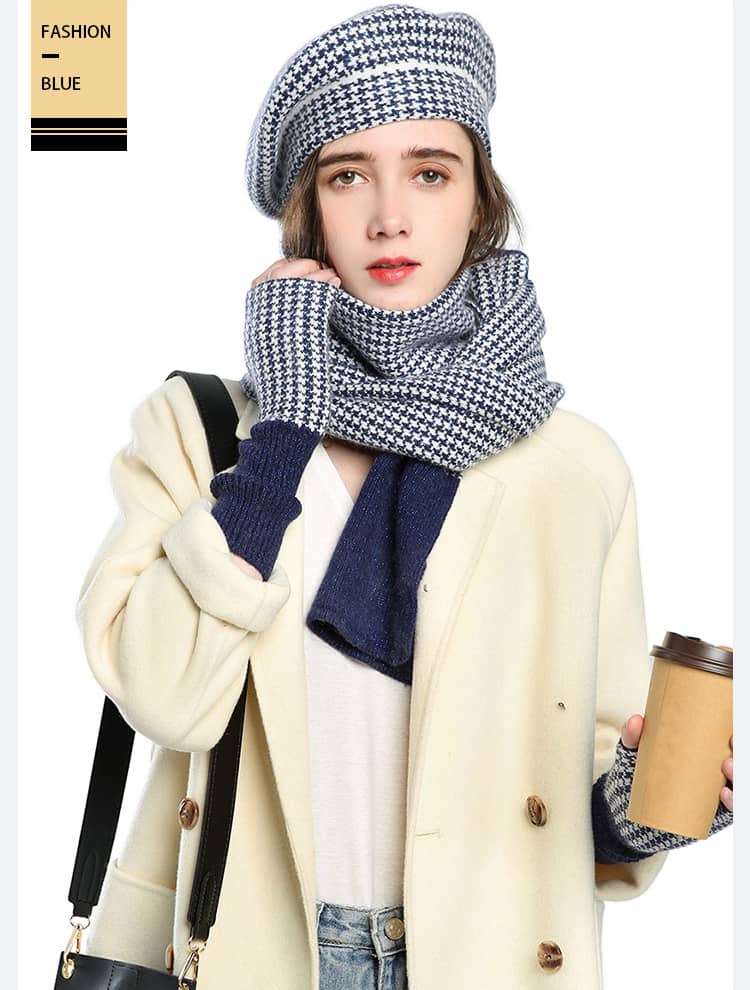 Women's plaid painter hat warm hat scarf gloves three-piece set