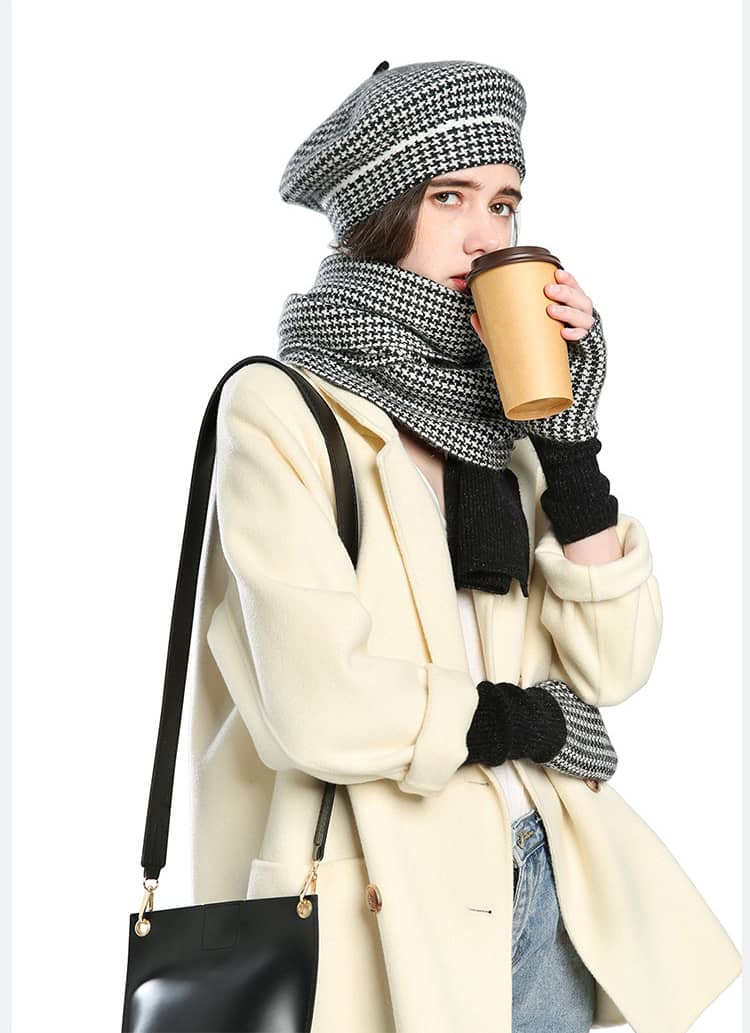 Women's plaid painter hat warm hat scarf gloves three-piece set