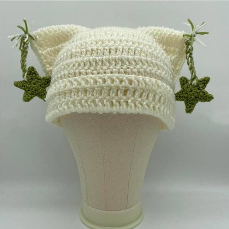 Cat Ears Devil Horns Striped Beanie Fox Ears Hand Knitted Cap