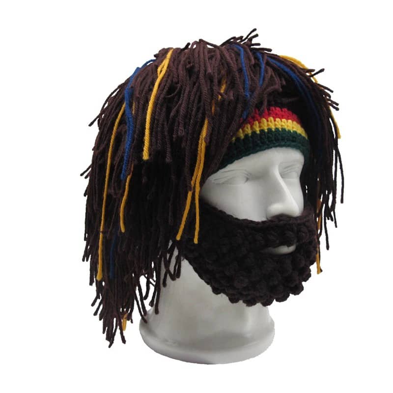 Long Crochet Wig Cap Creative Straw Hat + Beard Mask