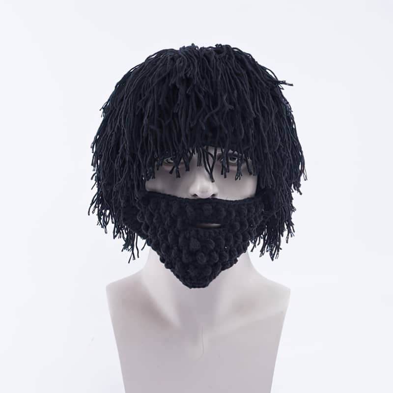 Solid Color Long Crochet Wool Wig Cap Creative Straw Hat + Beard