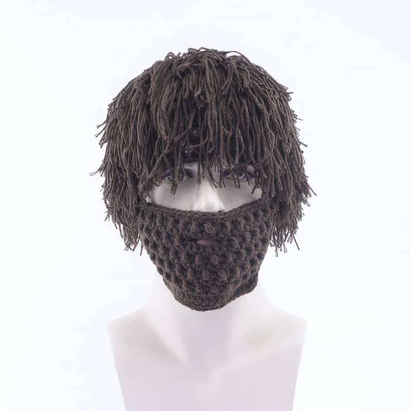 Solid Color Long Crochet Wool Wig Cap Creative Straw Hat + Beard