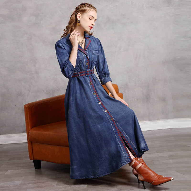 Mid-length belted Denim dress | IFAUN