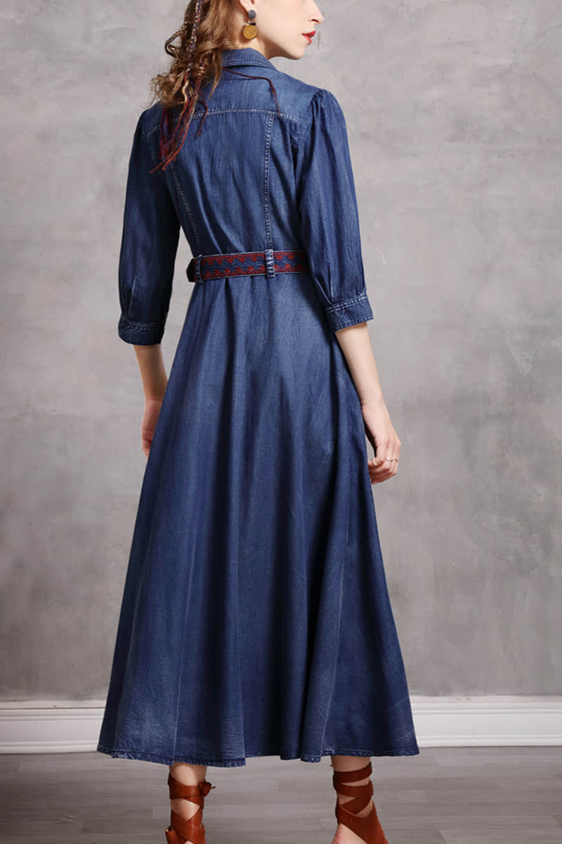Mid-length belted Denim dress | IFAUN